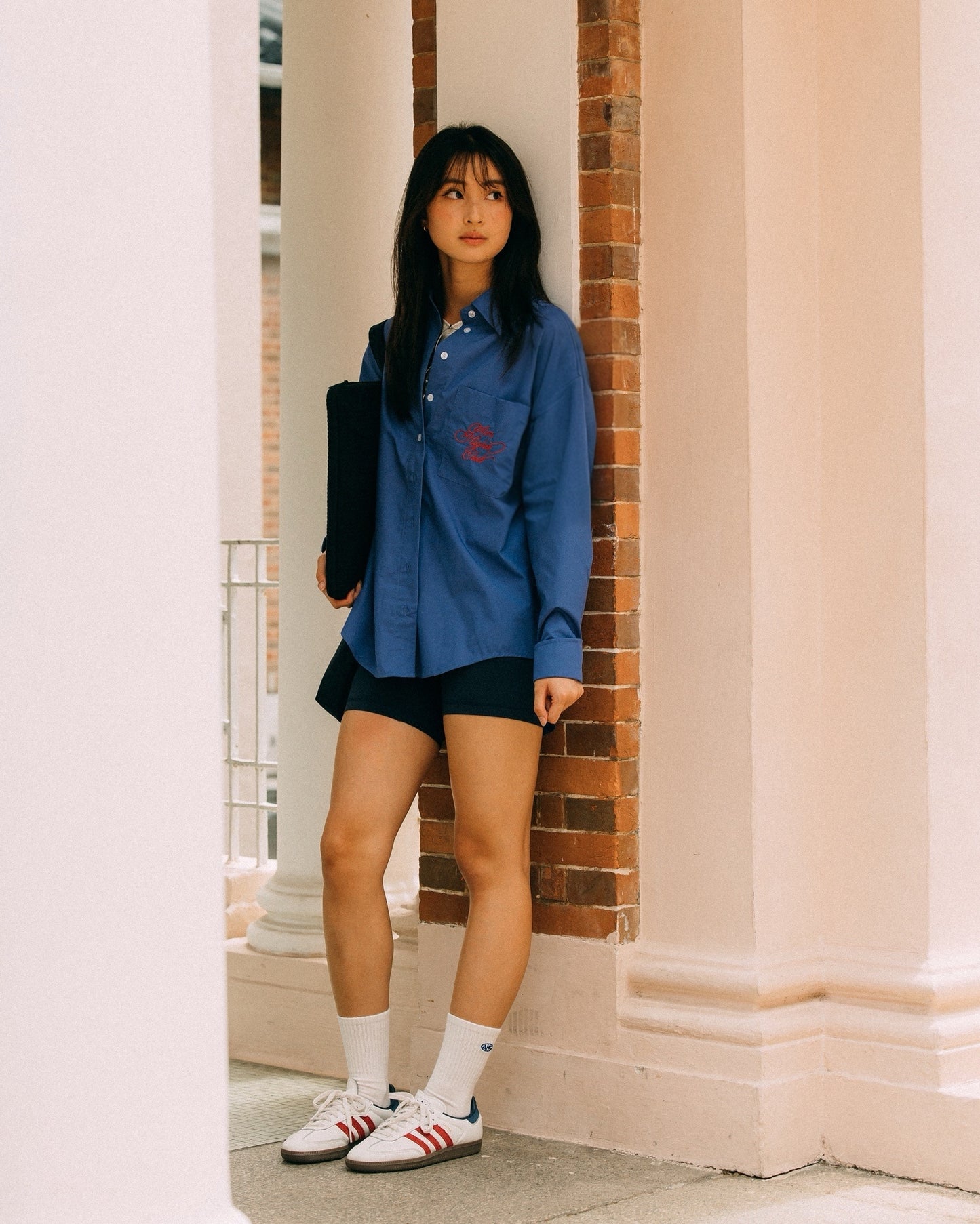 Aim Higher Club Pocket Oversized Boyfriend Shirt/ Purple Blue