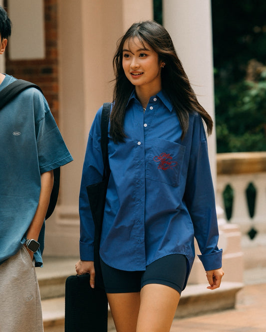 Aim Higher Club Pocket Oversized Boyfriend Shirt/ Purple Blue