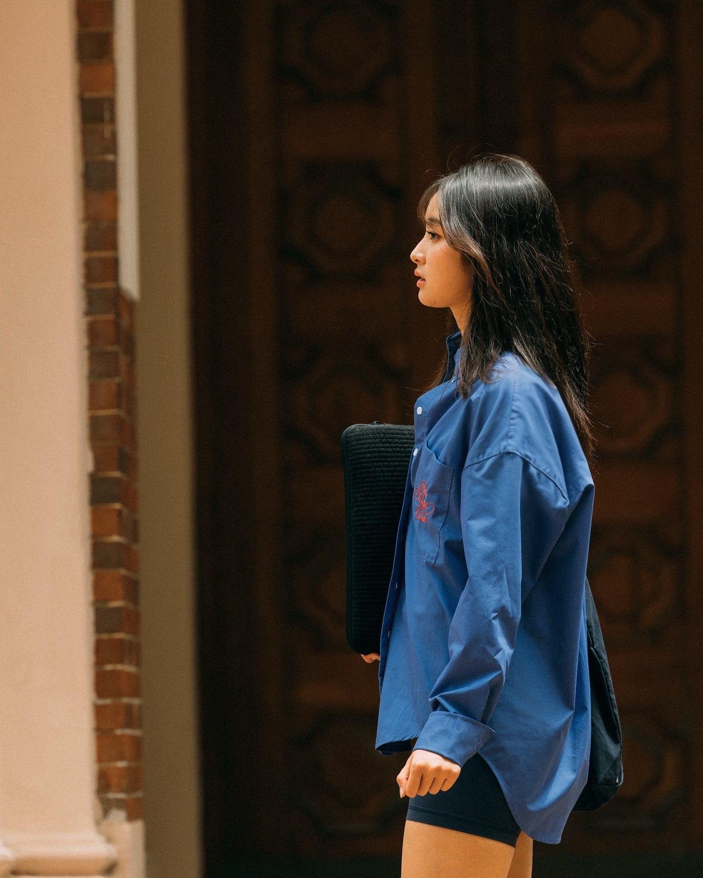 Aim Higher Club Pocket Oversized Boyfriend Shirt/ Purple Blue