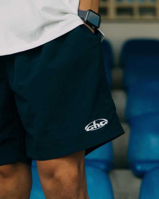 Aim Higher Club Unisex Retro Oval Logo Nylon Shorts/ Navy