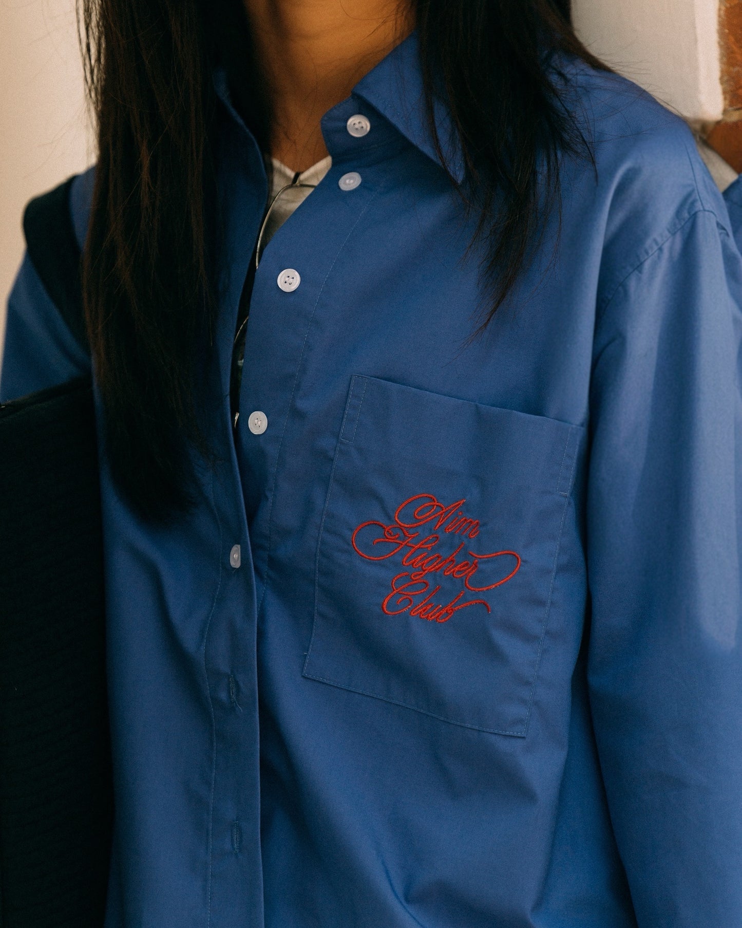 Aim Higher Club Pocket Oversized Boyfriend Shirt/ Purple Blue