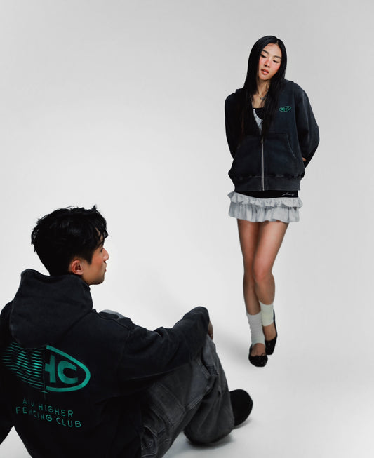 Aim Higher Club x Ryan Choi Unisex Washed Charcoal Zip Up Hoodies