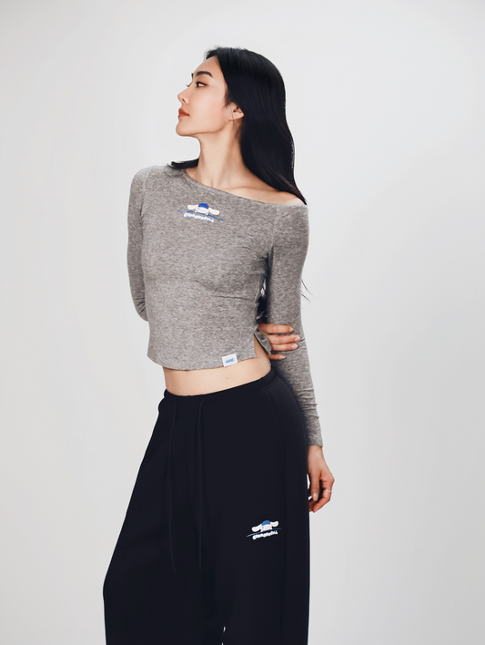 Aim Higher Club ♥ Cinnamoroll On The Bar Drop Shoulder Women Soft Top/ Flecking Grey