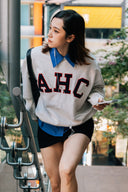 Aim Higher Club Unisex Terry Patch College Crewneck Sweatshirt/ Oat-Navy-Red