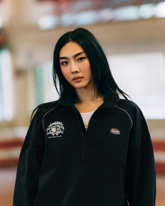Aim Higher Club Unisex College Emblem Reflective Half Zip Windbreaker/ Black