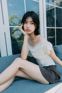 Aim Higher Club Core Asymmetric Lace Off-Shoulder Top/ White